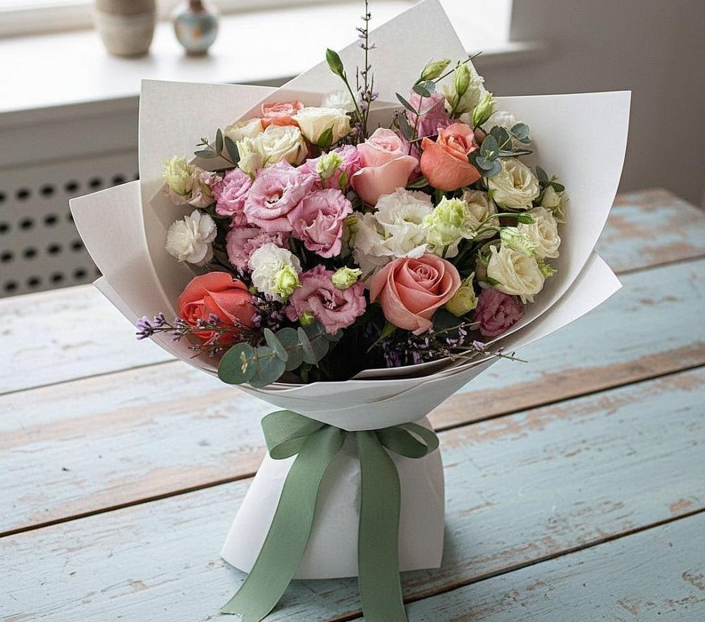 Букет цветов из: Розы, Лизиантусы и Гвоздики в Большое Новосурино