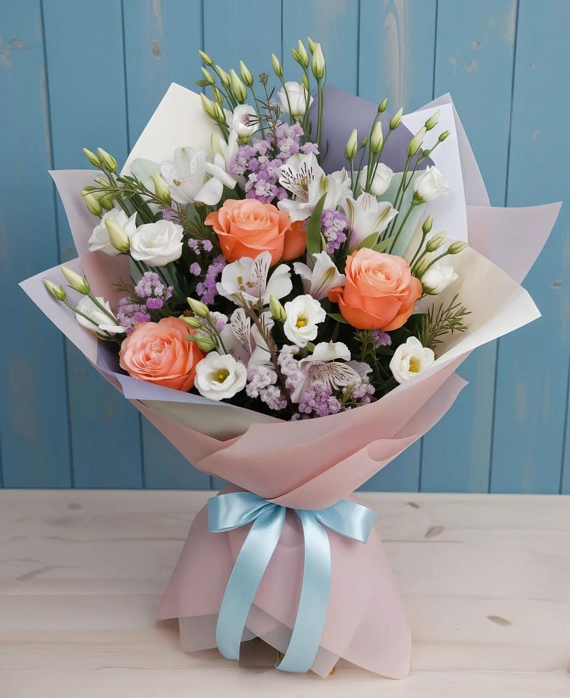 Букет цветов из: Лизиантусы, Розы, Альстромерии и Гипсофила в Большое Новосурино
